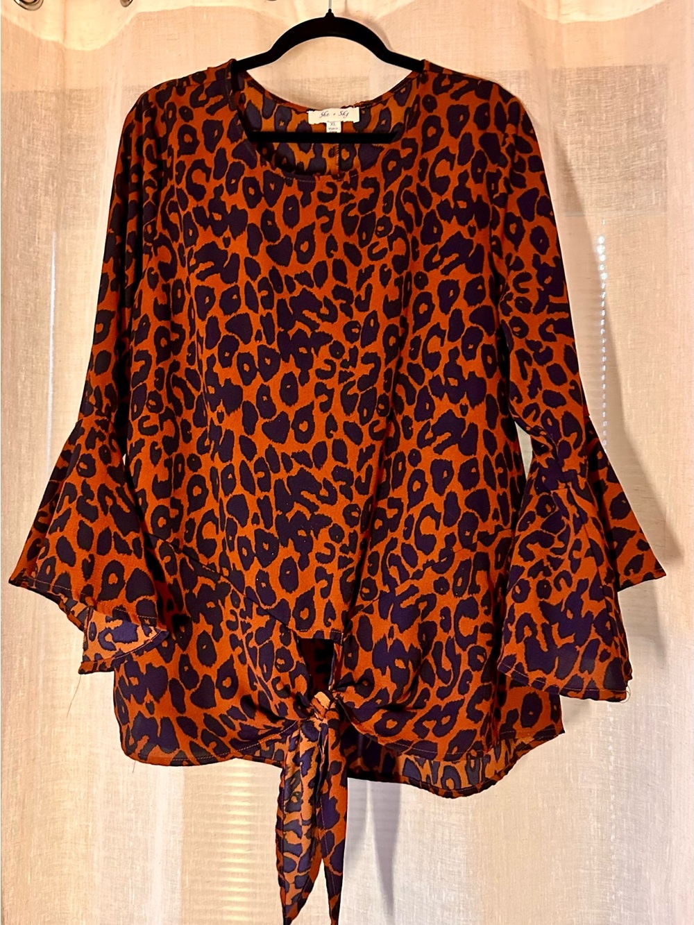 She + Sky Orange and Black Leopard Tie-Front Blouse